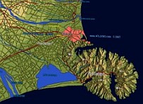 3D Christchurch NZ  map -  vector data combined with  Physical  Relief map.
